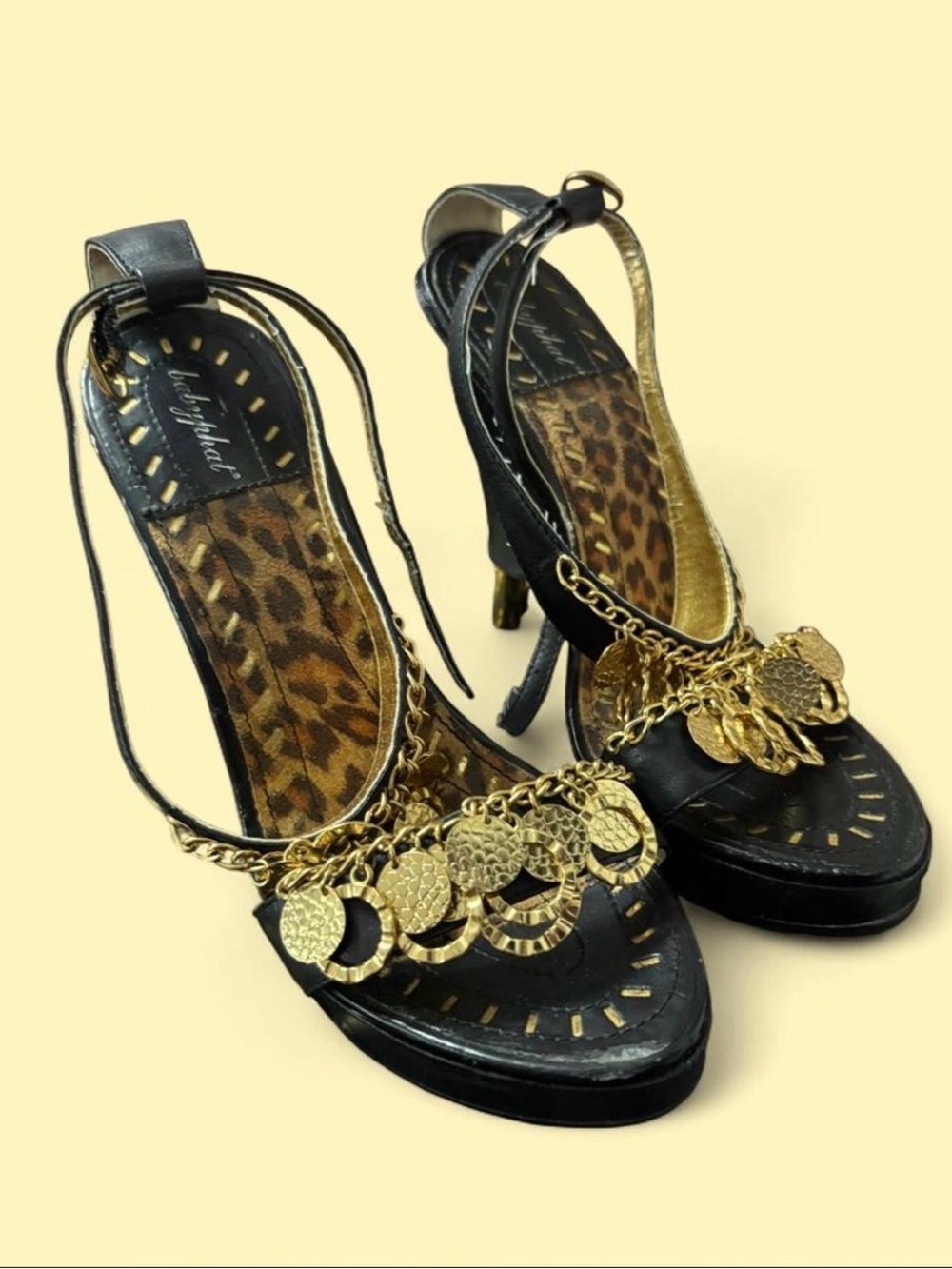 Baby Phat Black and Gold Coin-Trim Slingback Heels